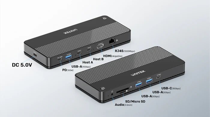 Storage UNITEK USB-C 4K KVM Docking Station, 100W PD, 4K@60Hz HDMI, 10Gbps Data Transfer, Gigabit Ethernet, SD/MicroSD Reader, One-Button Switch for 2 Computers