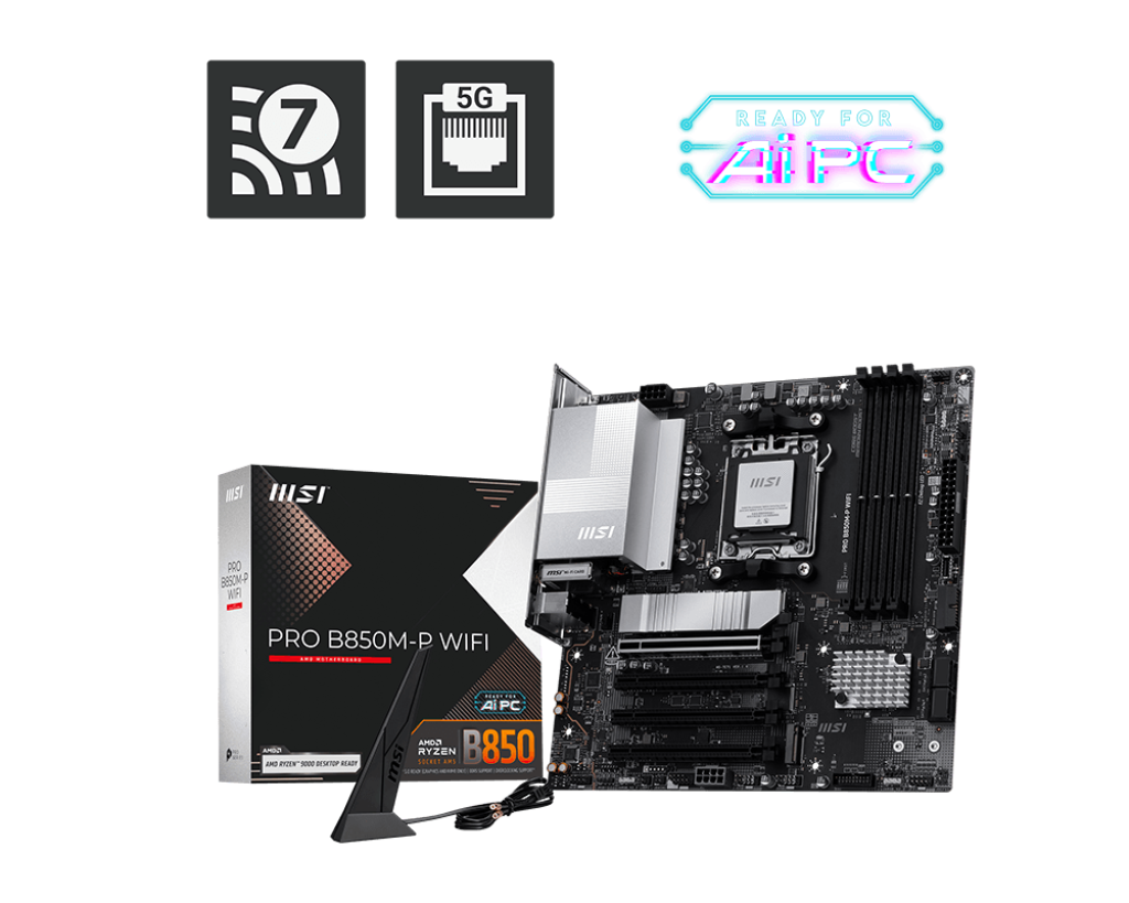 Motherboard MSI PRO B850M-P WIFI Micro-ATX Motherboard - AM5, DDR5-8200+ OC, PCIe 5.0 x16, 3× M.2 (1× Gen5), 5 GbE LAN, Wi-Fi 7, USB4, HDMI 2.1