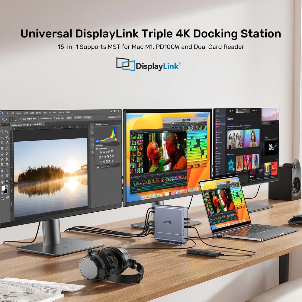 Storage UNITEK D1135A Universal DisplayLink Triple 4K Docking Station - 15-in-1 USB-C/USB-A Hub, 3x 4K@60Hz Displays, 100W PD, Gigabit Ethernet, SD/MicroSD, Audio Jack