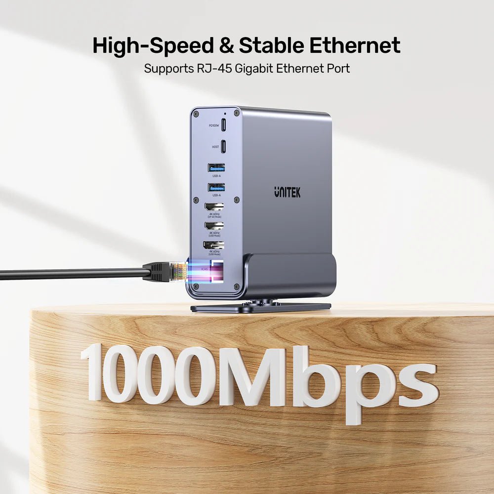 Storage UNITEK D1135A Universal DisplayLink Triple 4K Docking Station - 15-in-1 USB-C/USB-A Hub, 3x 4K@60Hz Displays, 100W PD, Gigabit Ethernet, SD/MicroSD, Audio Jack