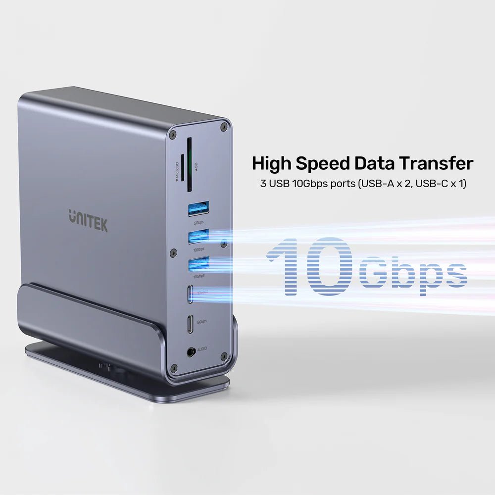 Storage UNITEK D1135A Universal DisplayLink Triple 4K Docking Station - 15-in-1 USB-C/USB-A Hub, 3x 4K@60Hz Displays, 100W PD, Gigabit Ethernet, SD/MicroSD, Audio Jack