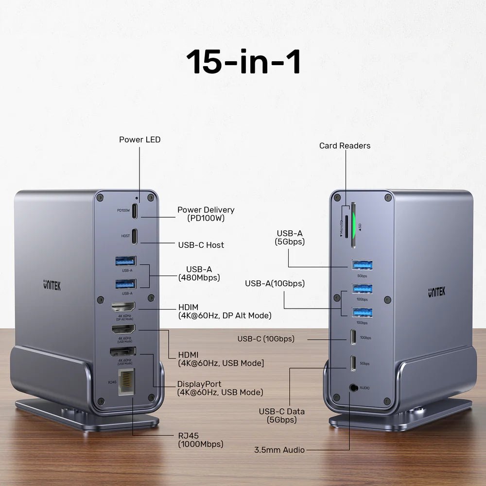 Storage UNITEK D1135A Universal DisplayLink Triple 4K Docking Station - 15-in-1 USB-C/USB-A Hub, 3x 4K@60Hz Displays, 100W PD, Gigabit Ethernet, SD/MicroSD, Audio Jack