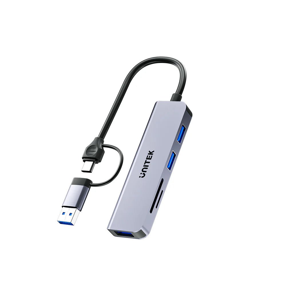 Storage UNITEK uHUB P5+ 5-in-1 USB Hub - 3x USB-A 5Gbps Ports - SD & MicroSD Card Readers - USB-C/USB-A Dual Interface - Aluminum Alloy - Compact Design