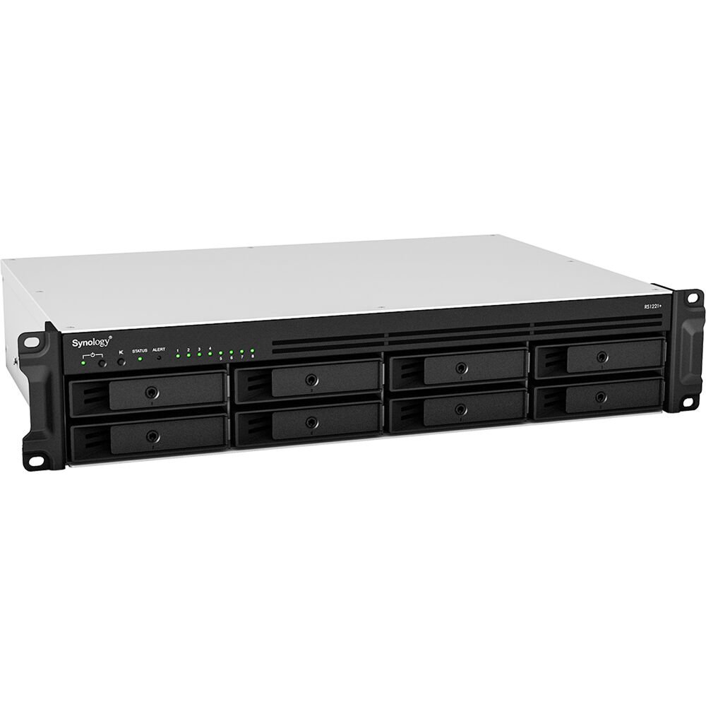 Storage Synology RackStation RS1221+ - 8-Bay 2U NAS, AMD Ryzen V1500B, 4GB DDR4 ECC (Up to 32GB), 4x 1GbE, PCIe for 10/25GbE or NVMe, Expandable to 12 Bays