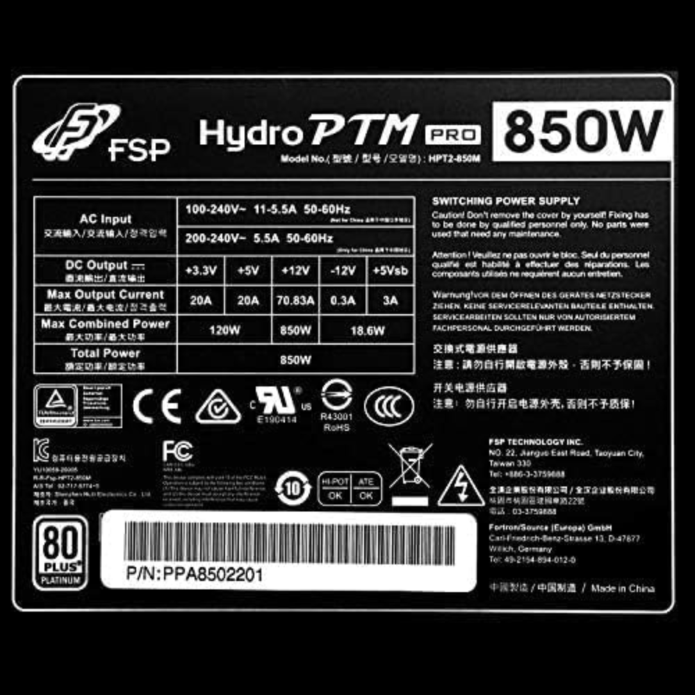 Power Supply FSP Hydro PTM PRO 850M 850W 80+PLUS PLATINUM BLACK
