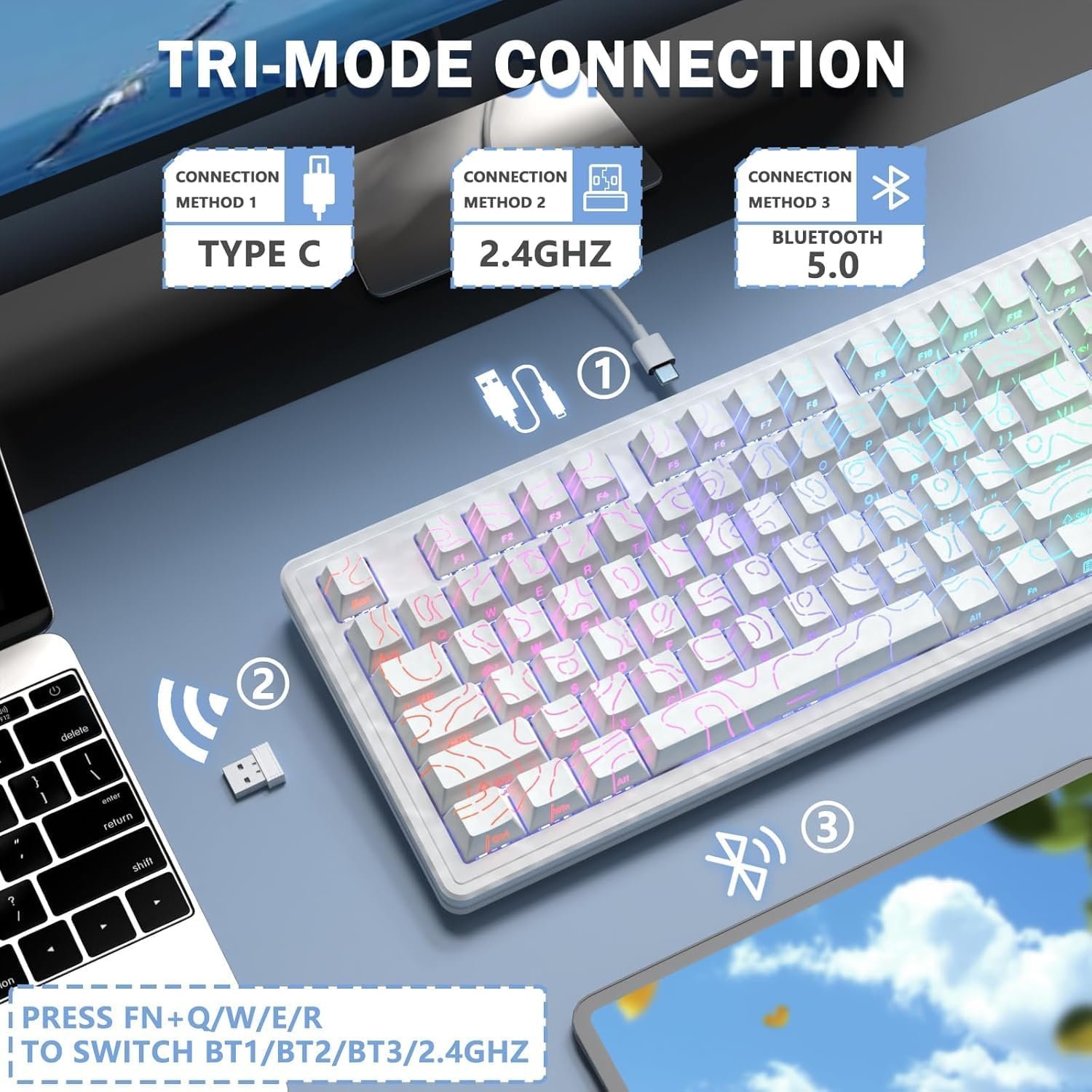Keyboard ATTACK SHARK M87 PRO V2 Tri-Mode White Contour