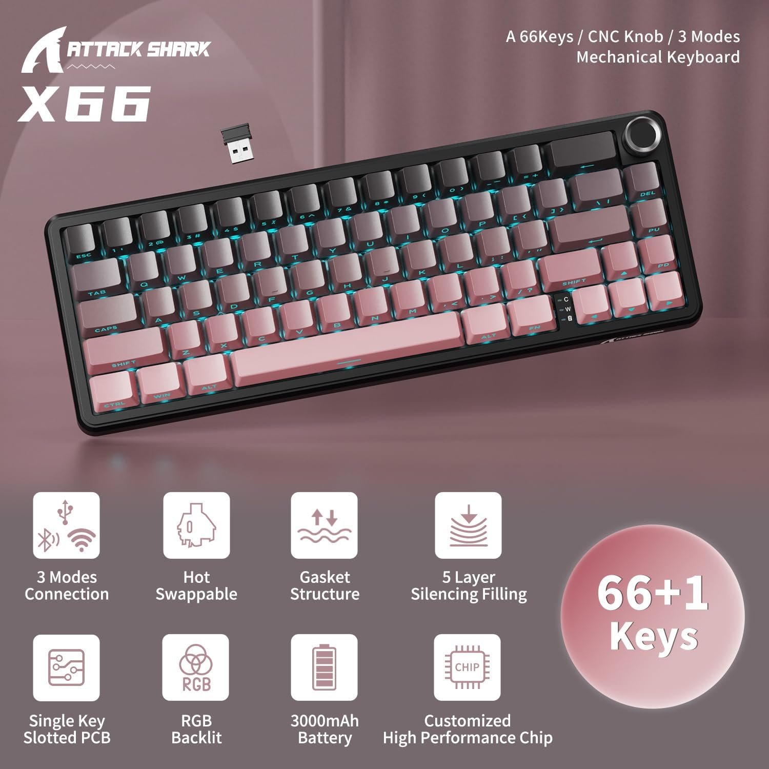 Keyboard ATTACK SHARK X66 Tri-Mode Blackberry
