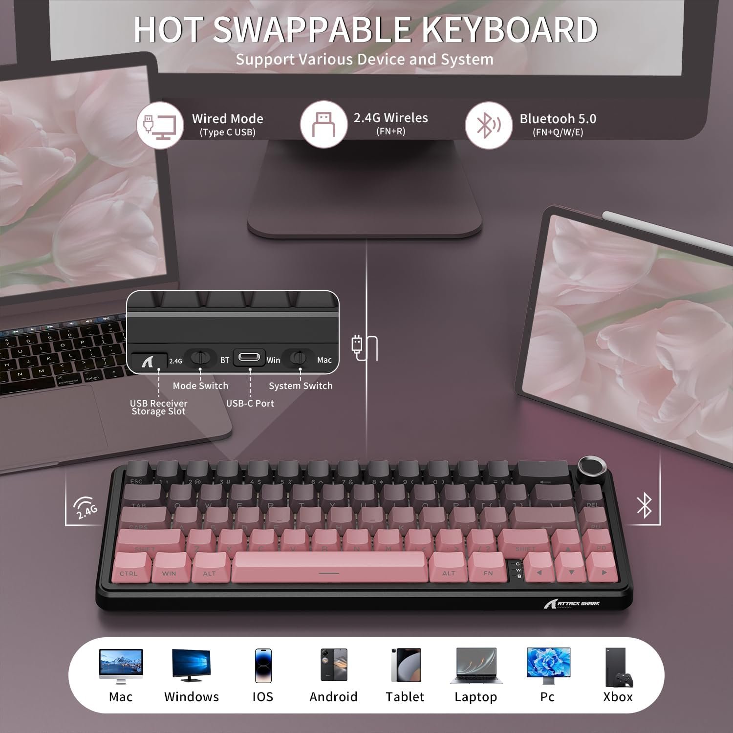 Keyboard ATTACK SHARK X66 Tri-Mode Blackberry
