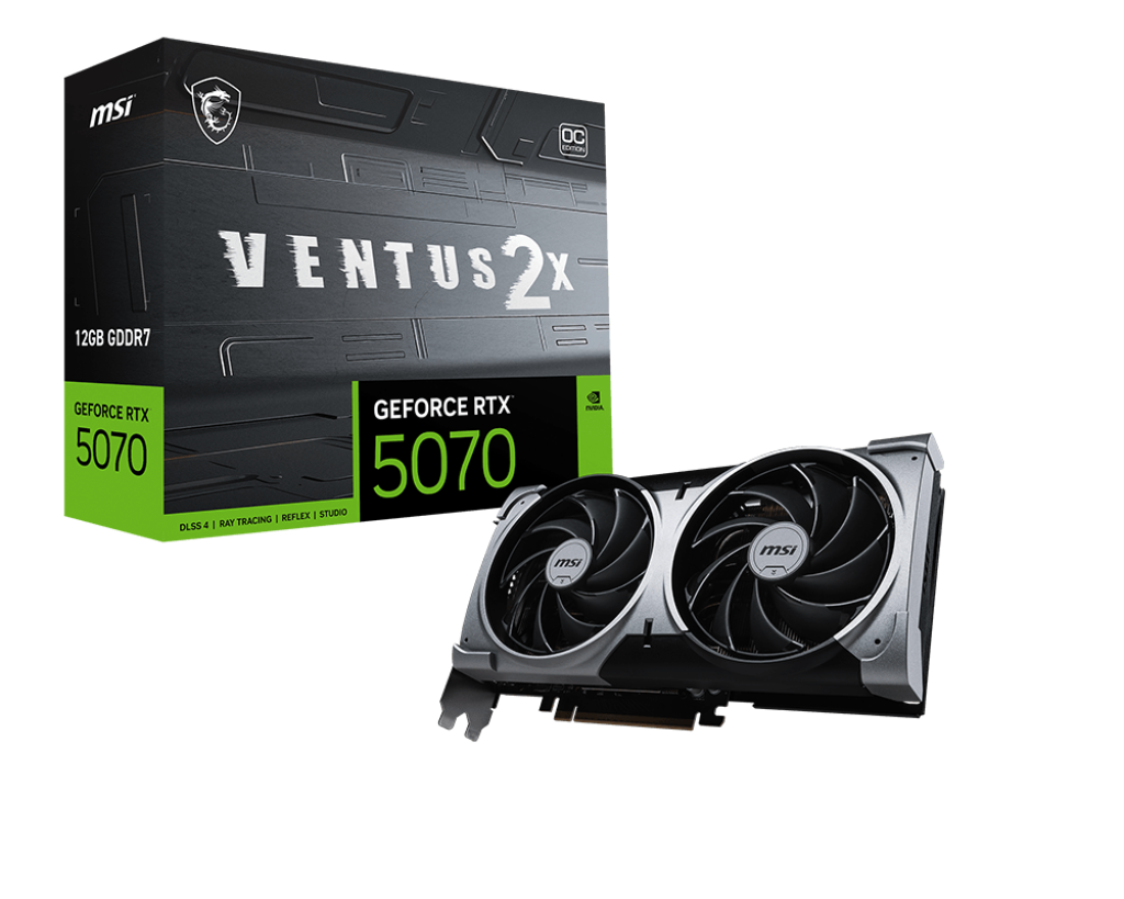 Graphics Card MSI GeForce RTX 5070 12 GB VENTUS 2X OC - NVIDIA Blackwell, 6144 CUDA Cores, 2557 MHz Boost, 28 Gbps GDDR7, PCIe 5.0, Dual-Fan Cooling