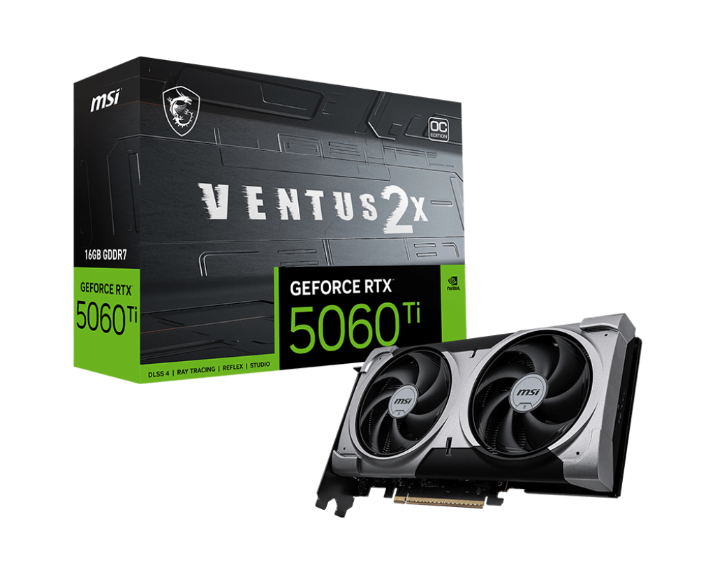 Graphics Card MSI GeForce RTX 5060 Ti 16 GB VENTUS 2X OC PLUS - NVIDIA Blackwell, 4608 CUDA Cores, 2617 MHz Boost, 28 Gbps GDDR7, PCIe 5.0, Dual-Fan Cooling