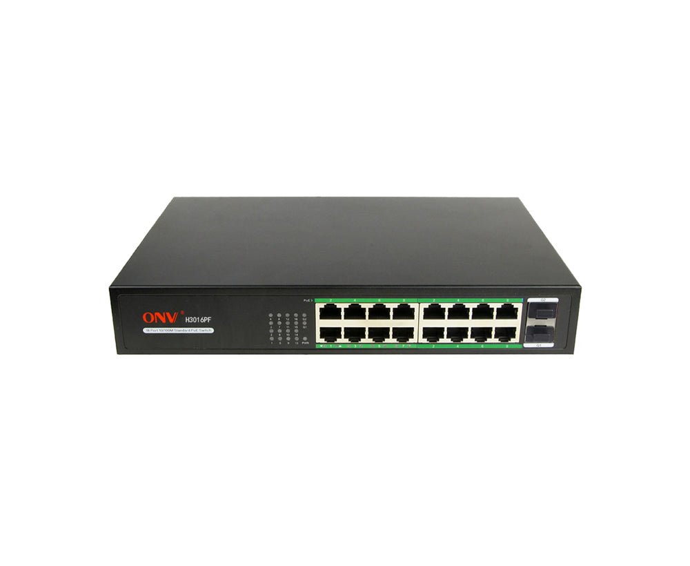 Power Supply ONV 18-Port Gigabit Unmanaged PoE+ Switch, 16 × 10/100/1000Mbps PoE Ports, 2 × Gigabit SFP Fiber Uplinks, IEEE 802.3af/at, Built-in 250W Power Supply, 19-Inch Rackmount