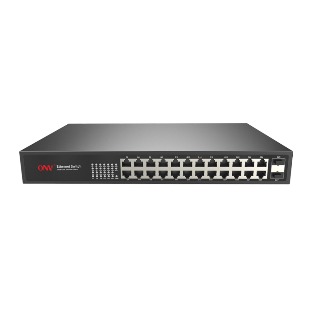 Power Supply ONV 24-Port Gigabit Unmanaged Ethernet Fiber Switch with 2 SFP Uplink Ports, 26-Port Network Switch, 10/100/1000Mbps, Built-in 30W Power Supply, Plug-and-Play Networking