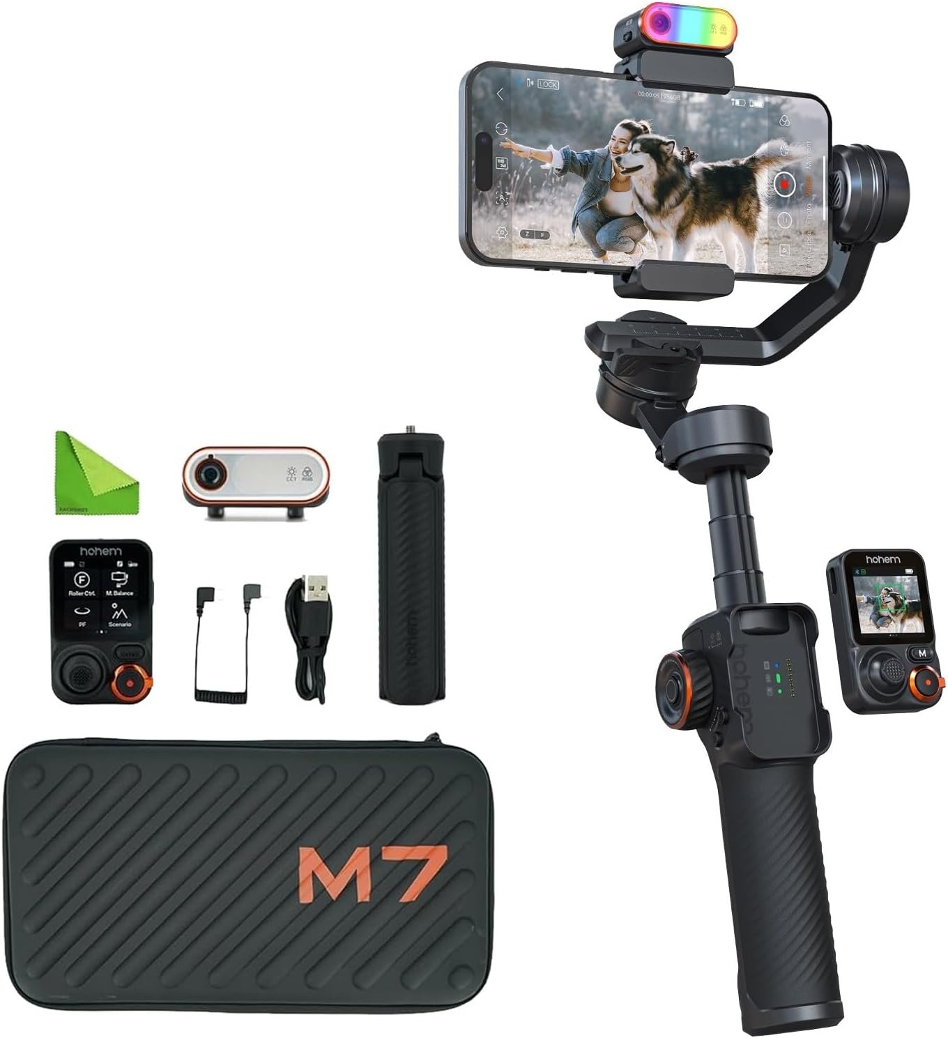 Cooler Hohem iSteady M7 AI-Tracking Smartphone Gimbal - 500 g Payload, Detachable 1.4″ Touchscreen Remote, RGB Fill Light, 12 h Battery, 360° Pan