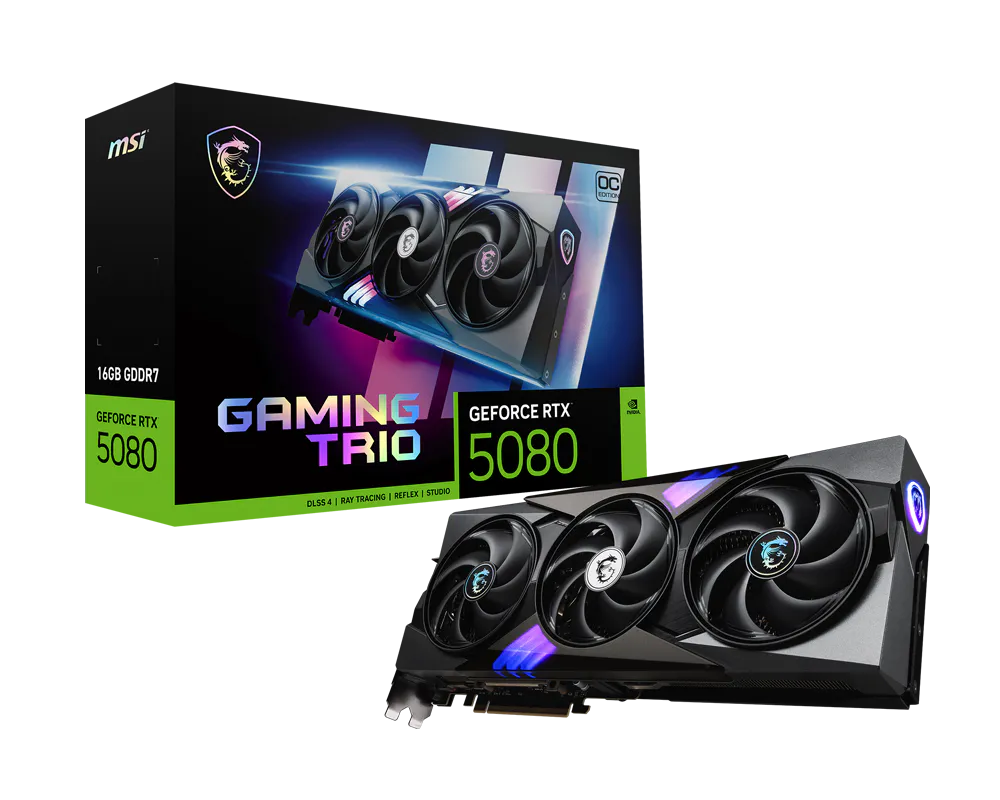 Graphics Card MSI GeForce RTX 5080 16G GAMING TRIO OC Graphics Card, 16GB GDDR7, 256-bit, 10752 CUDA Cores, 2700MHz Boost, PCIe 5.0, 3× DisplayPort 2.1b + HDMI 2.1b, 8K Support