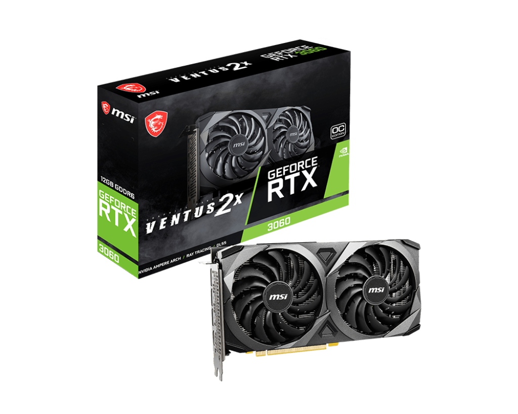 Graphics Card MSI GeForce RTX 3060 VENTUS 2X 12G OC - Ampere GPU, 12 GB GDDR6 15 Gbps, 1807 MHz Boost, Dual TORX Fan 3.0, 3× DP 1.4a & HDMI 2.1