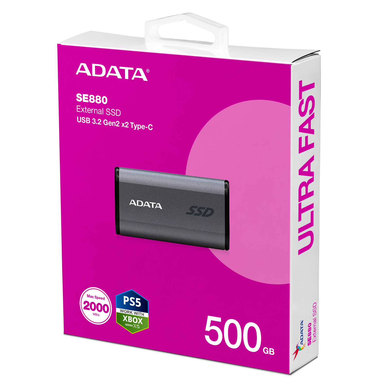 Storage ADATA SE880 External SSD USB 3.2 Gen2x2 Ultra Compact USB-C 2000MB/s Read Write - 500GB — Gray