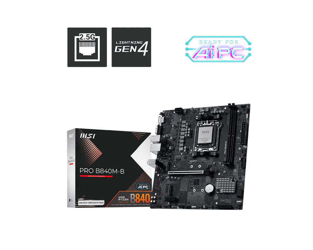 Motherboard MSI PRO B840M-B mATX Motherboard - AMD B840, AM5, DDR5, PCIe 4.0, M.2, HDMI, USB 3.2